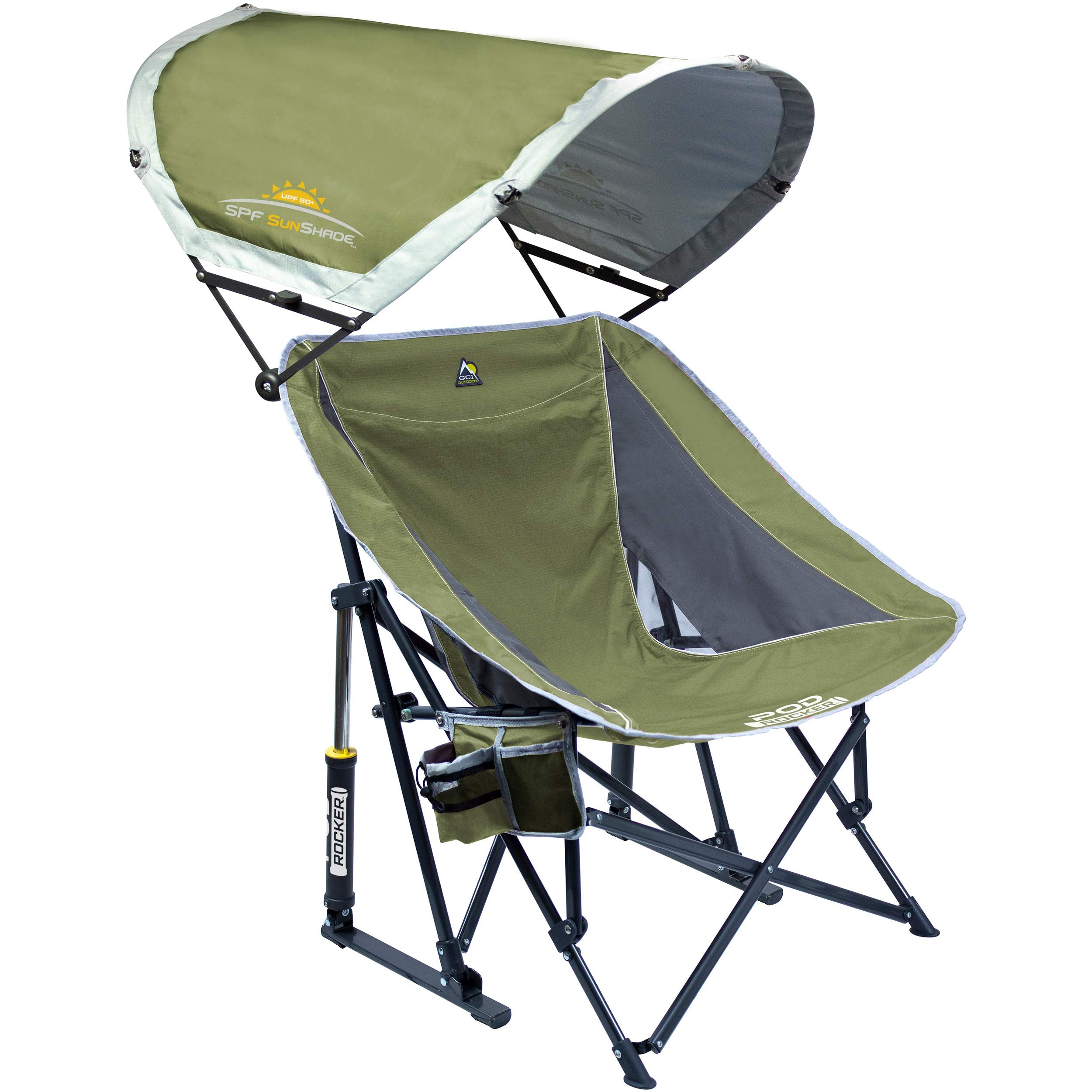 GCI Outdoor Pod Rocker with SunShade canopy provides sun protection and portable comfort.