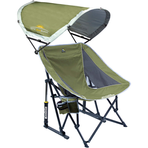 GCI Outdoor Pod Rocker with SunShade canopy provides sun protection and portable comfort.
