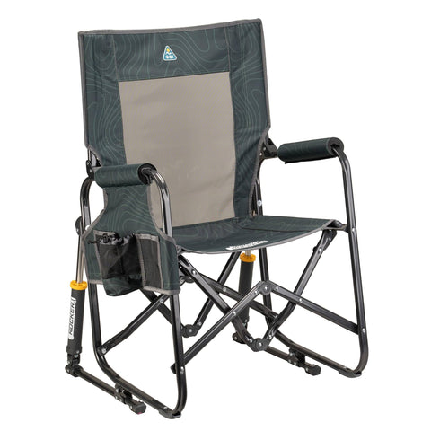 GCI Outdoor Stowaway Rocker Hunter Topo, side-view showing compact portability for outdoor adventures.