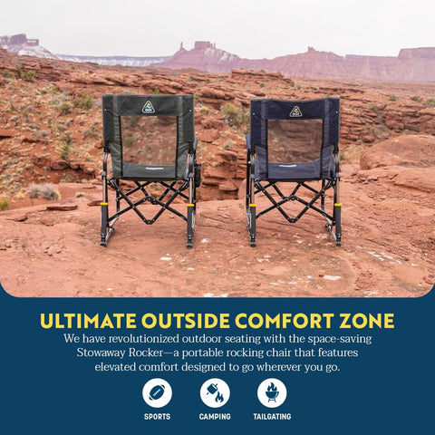 GCI Outdoor Stowaway Rocker Navy Topo, armrests close-up, padded comfort for long rests