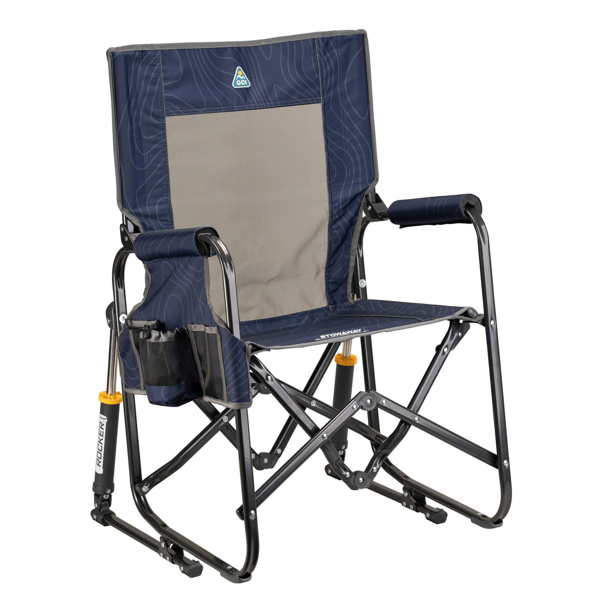 GCI Outdoor Stowaway Rocker Navy Topo, front view, comfortable seating for camping