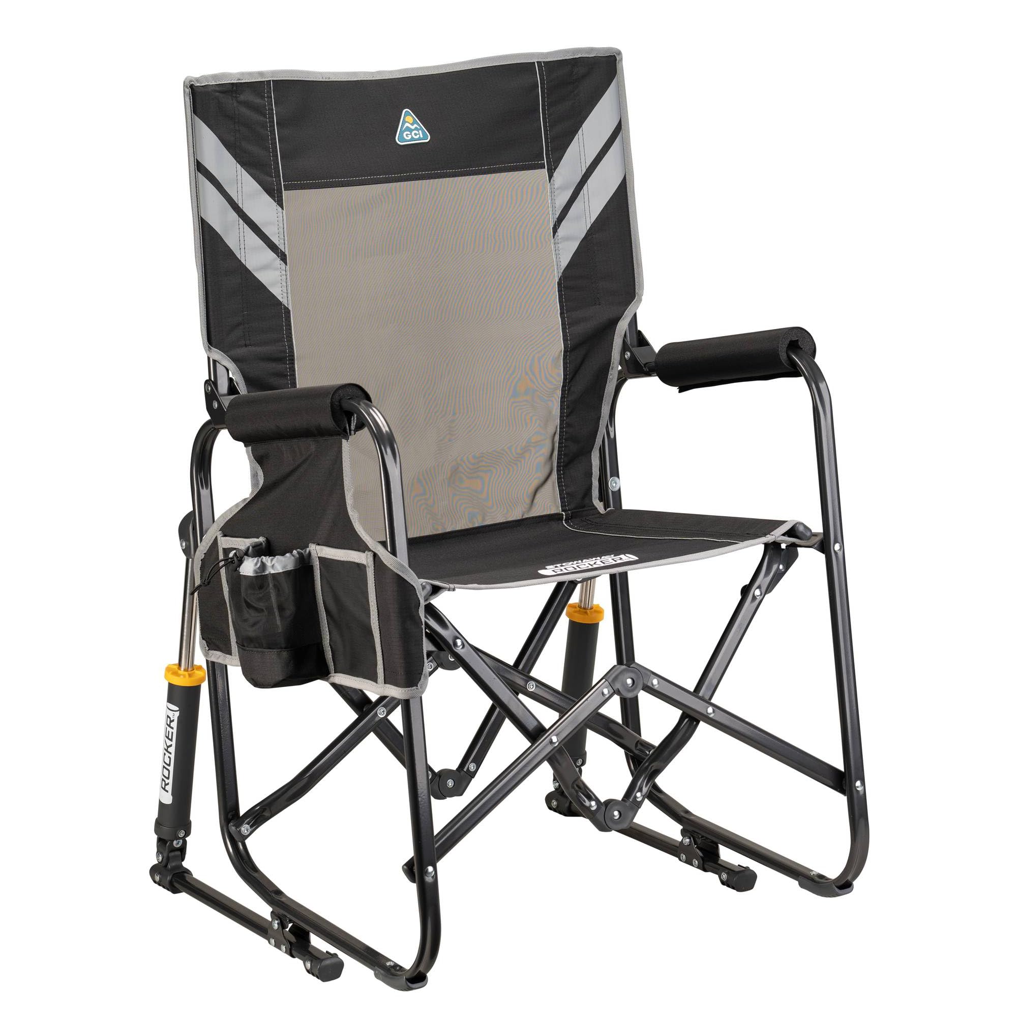 GCI Outdoor Stowaway Rocker setup image showcases quick, portable campsite seating.