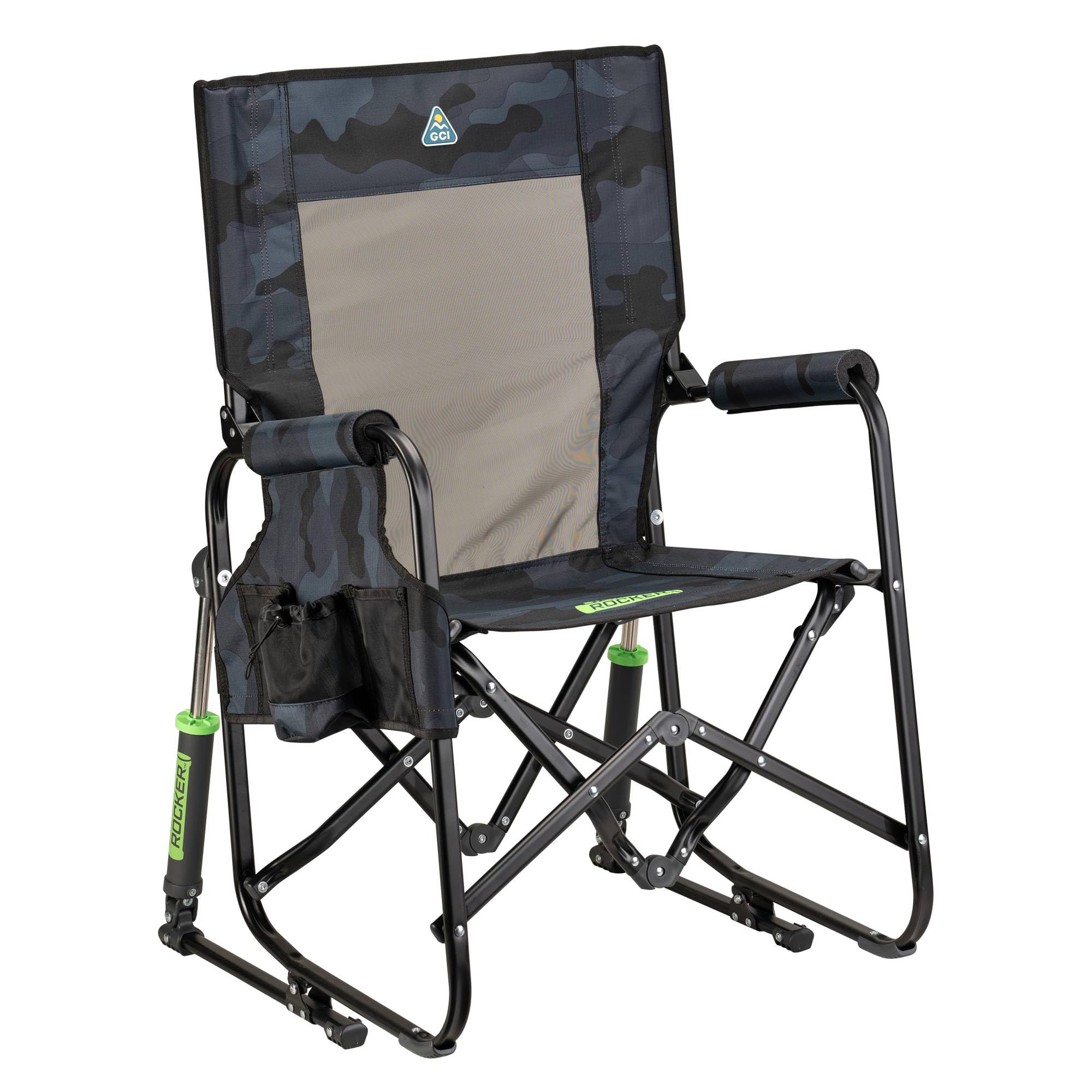GCI Outdoor Stowaway Rocker folded in stealth camo for easy transport