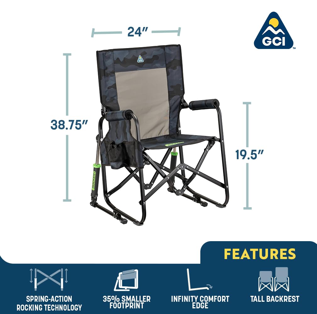 GCI Outdoor Stowaway Rocker setup on varied terrain in stealth camo