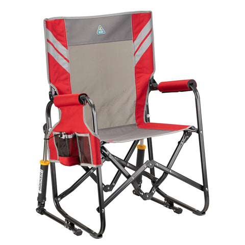 GCI Outdoor Stowaway Rocker assembled in varsity red and gray for comfortable lounging.
