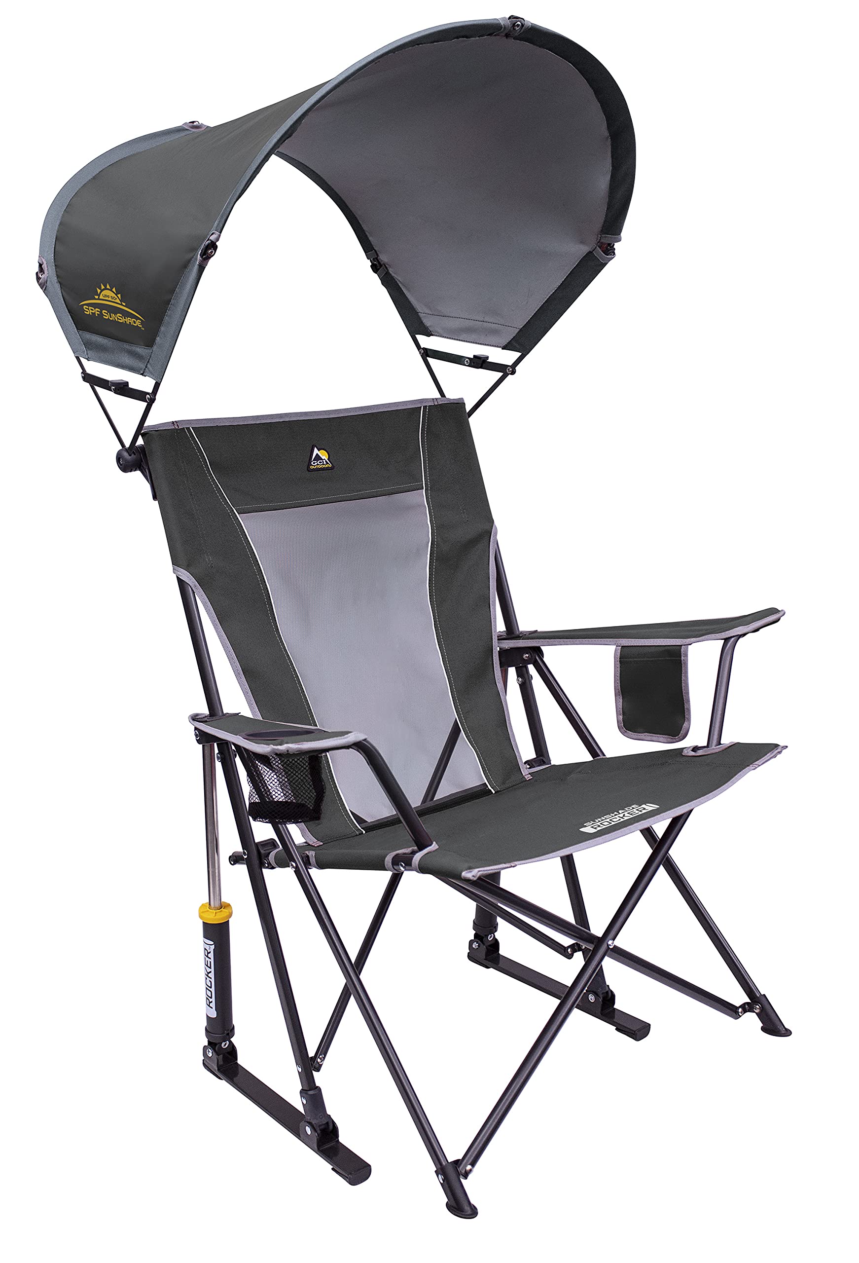 GCI Outdoor Sunshade Rocker open in sunlight at a campsite, featuring smooth rocking action