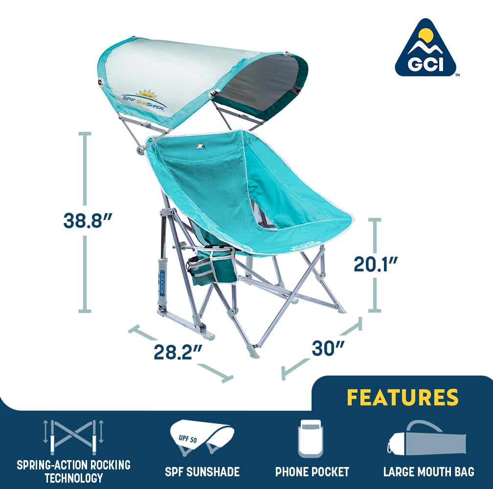 GCI Waterside Pod Rocker SunShade canopy adjusted for flexible sun protection.