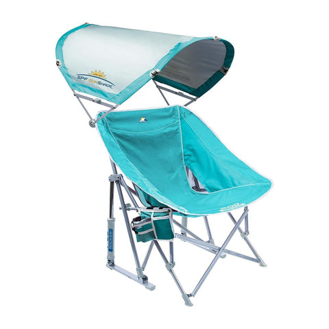 GCI Outdoor Waterside Pod Rocker with SunShade provides shade while relaxing by the water.