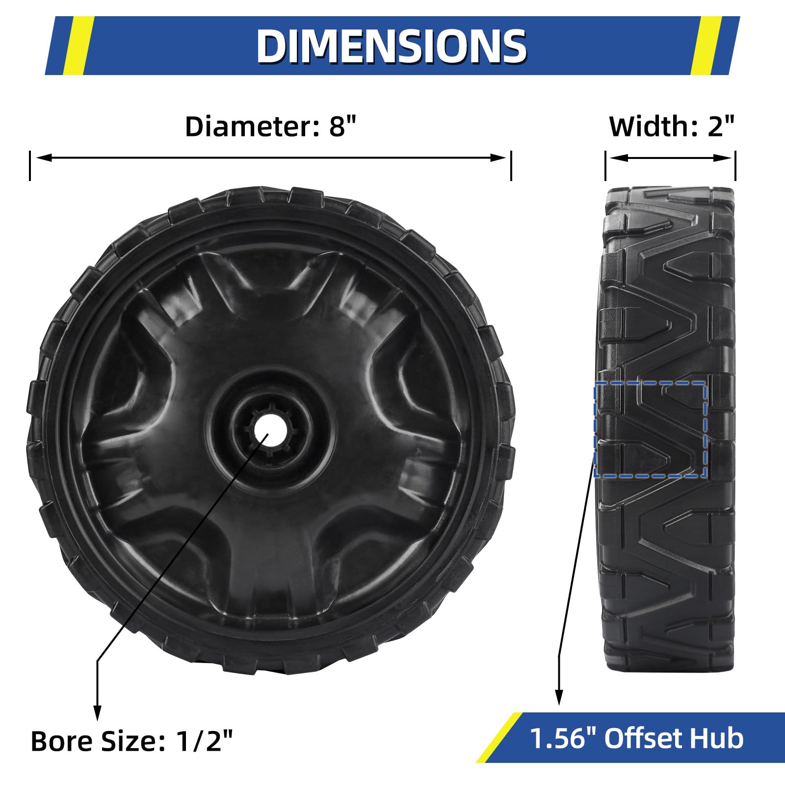 GICOOL 8in lawn mower wheel with 2in width, ready for replacement.