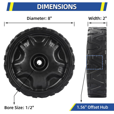 GICOOL 8in lawn mower wheel with 2in width, ready for replacement.