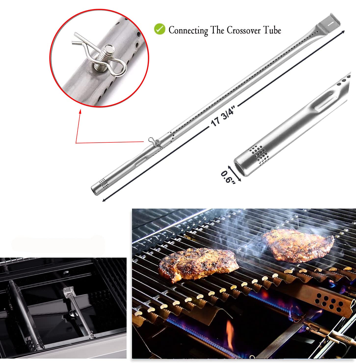 Gcostar adjustable crossover tube enables customizable flame alignment for different grills