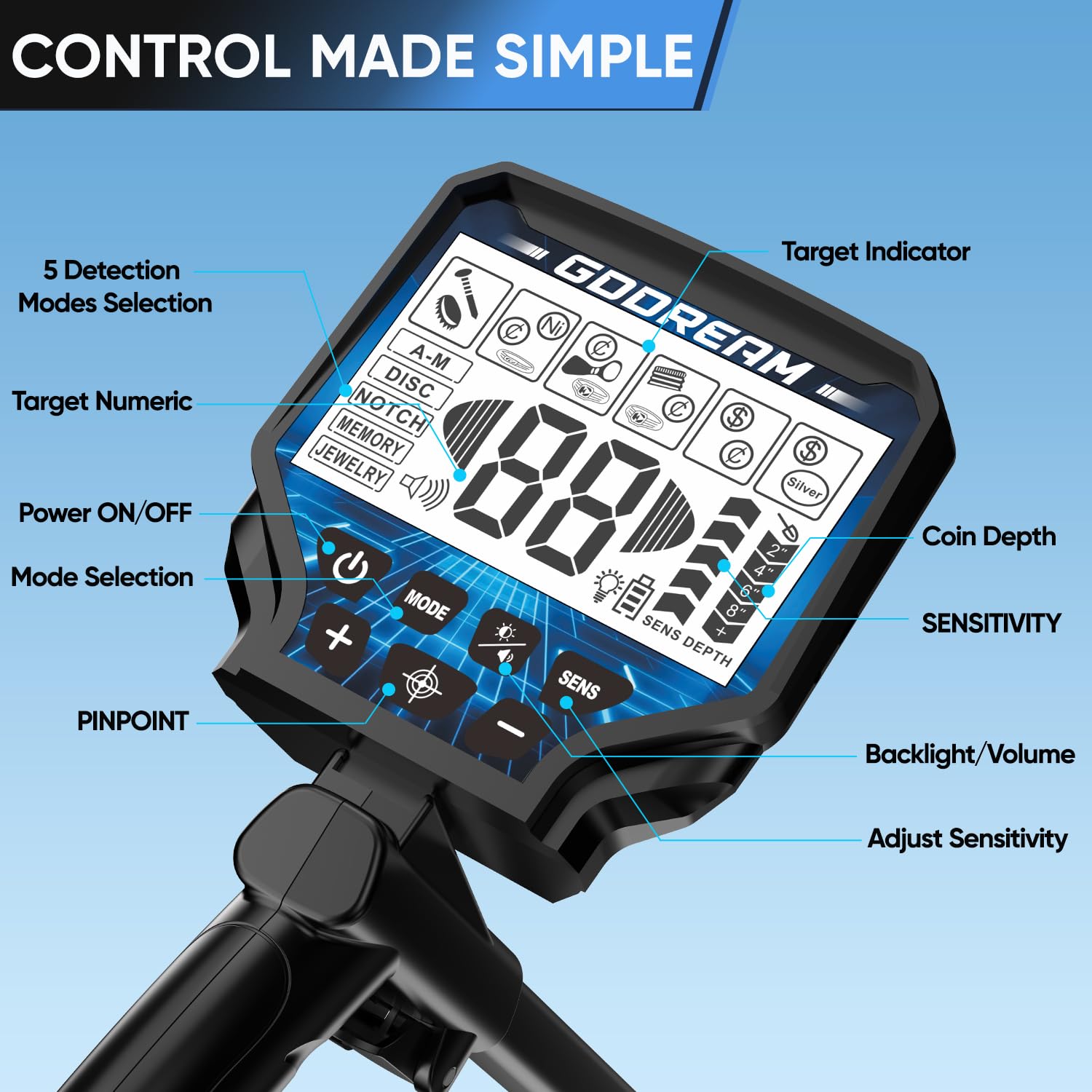 GDDREAM metal detector featuring DSP chip for clearer signals and improved accuracy.