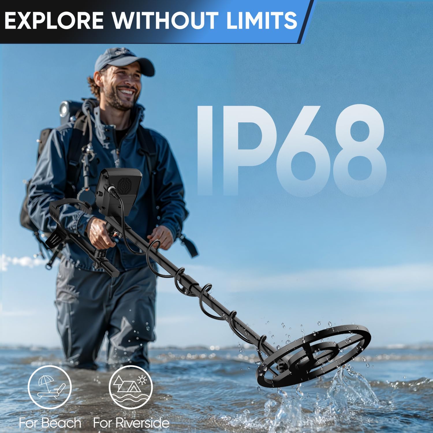 GDDREAM metal detector IP68 coil handles water-friendly treasure hunts.