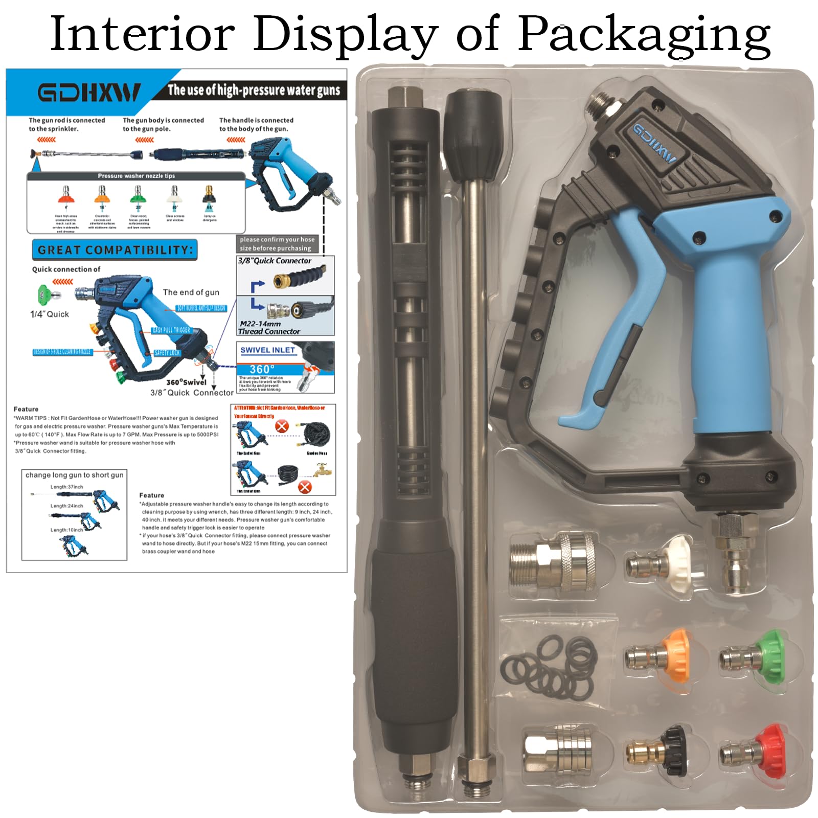 GDHXW five nozzle attachments customize spray for different tasks.