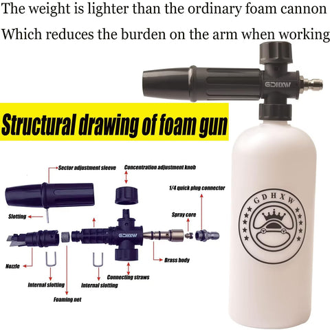 GDHXW foam cannon attachment delivers thick foam for thorough cleaning.