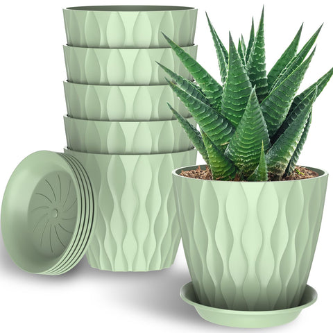 GDJUQZ 6-pack 7-inch plant pots with drainage holes and trays for indoor gardening.