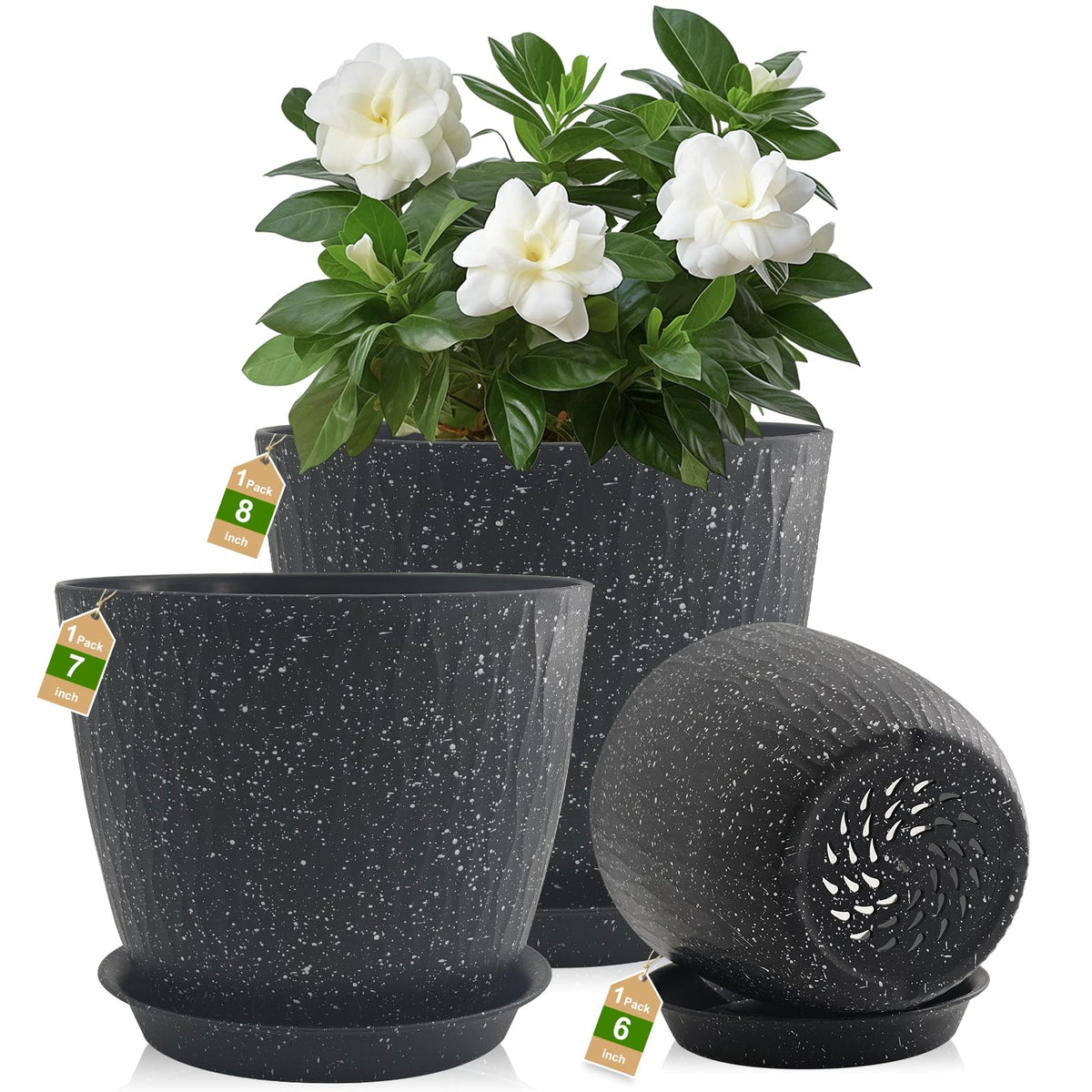GDJUQZ 8-inch speckled black pot with drainage holes for indoor orchids.