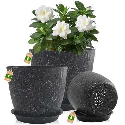 GDJUQZ 8-inch speckled black pot with drainage holes for indoor orchids.