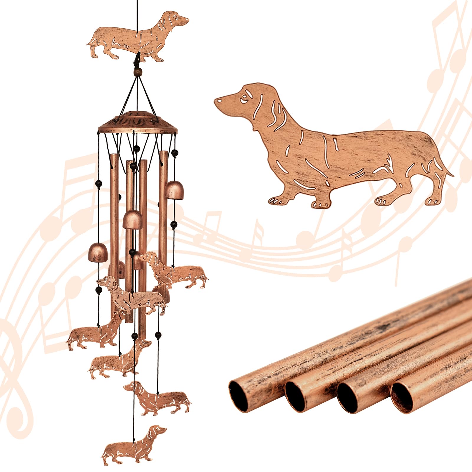 GDNSFIT Dachshund wind chimes outdoor sculpture with bells for calming garden ambiance.