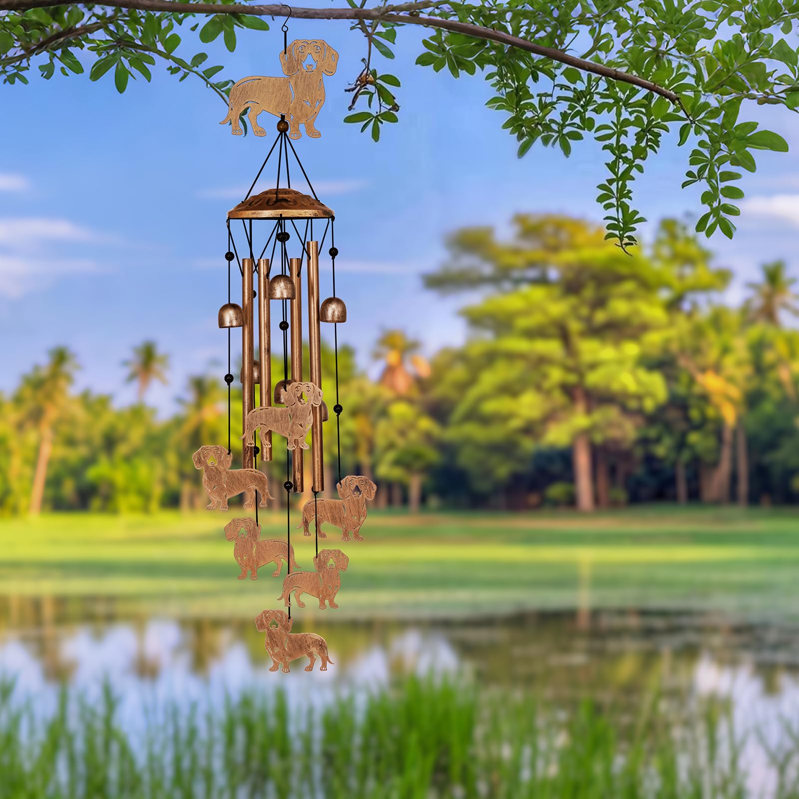 GDNSFIT garden decor dachshund wind chimes enhancing yard aesthetics.
