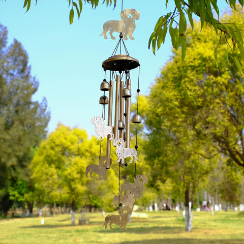 Outdoor wind chime melody from GDNSFIT dachshund design under daylight.