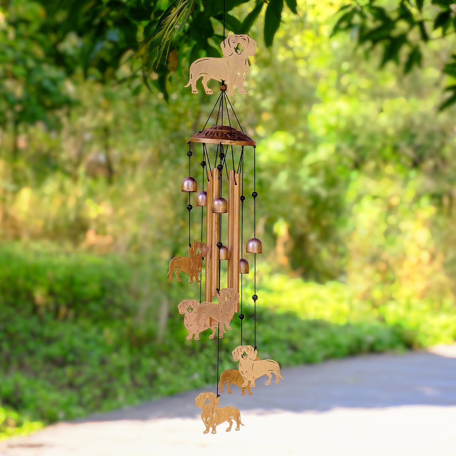 GDNSFIT dachshund wind chimes on a patio adding character to outdoor decor.