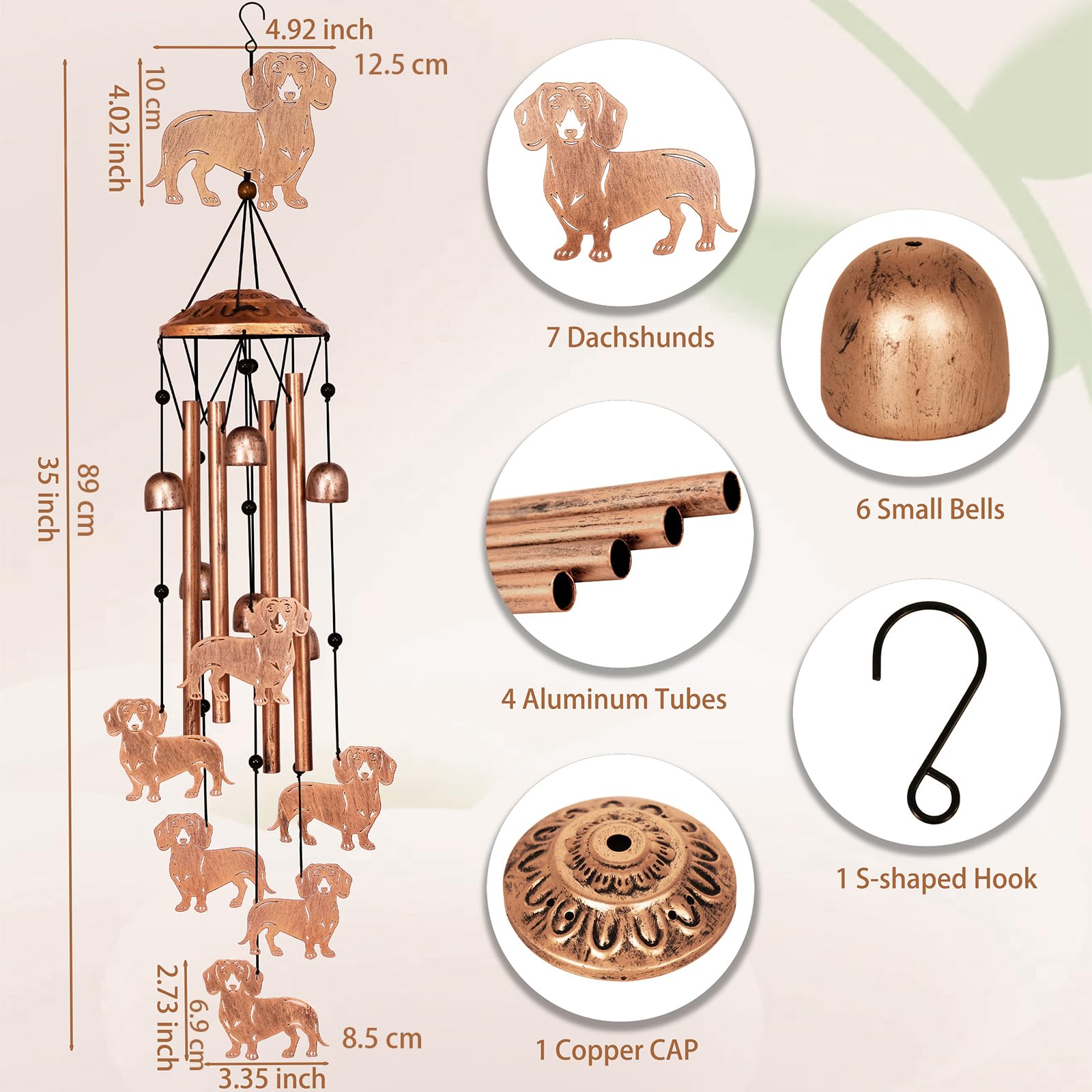 Close view of aluminum tubes and bells on the GDNSFIT dachshund wind chime.