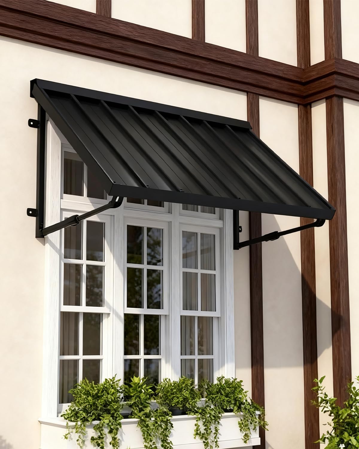 GDPFN metal awning at door entrance shields from sun and rain.