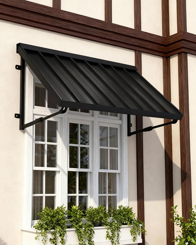 GDPFN metal awning at door entrance shields from sun and rain.