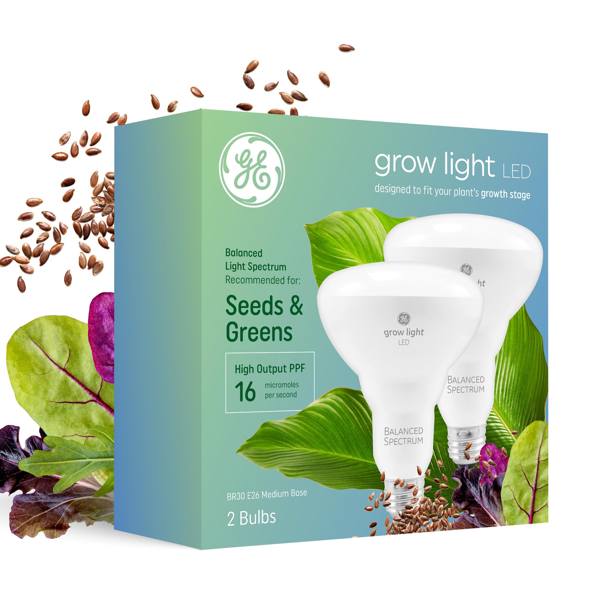 GE BR30 grow light bulb with balanced spectrum for indoor leafy greens.
