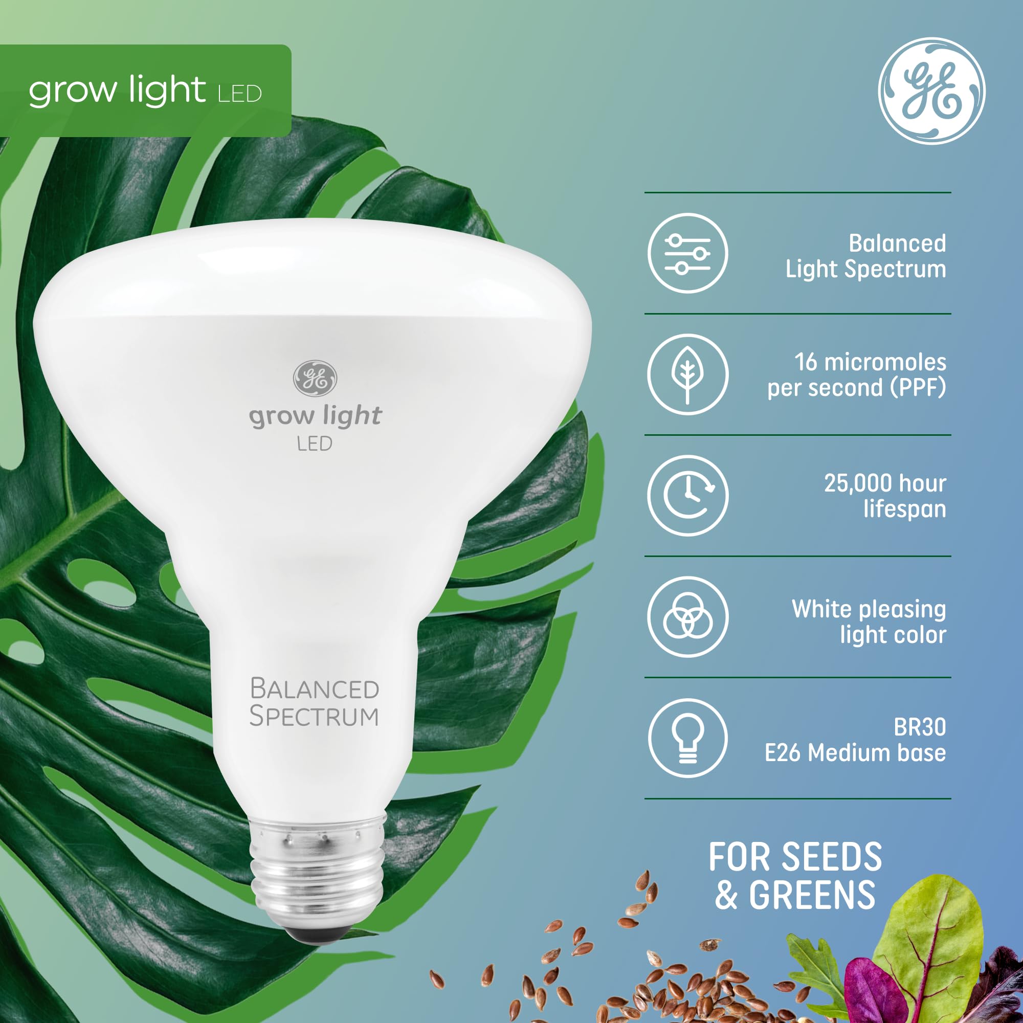 GE BR30 LED grow light ideal for seedling development in indoor gardens.
