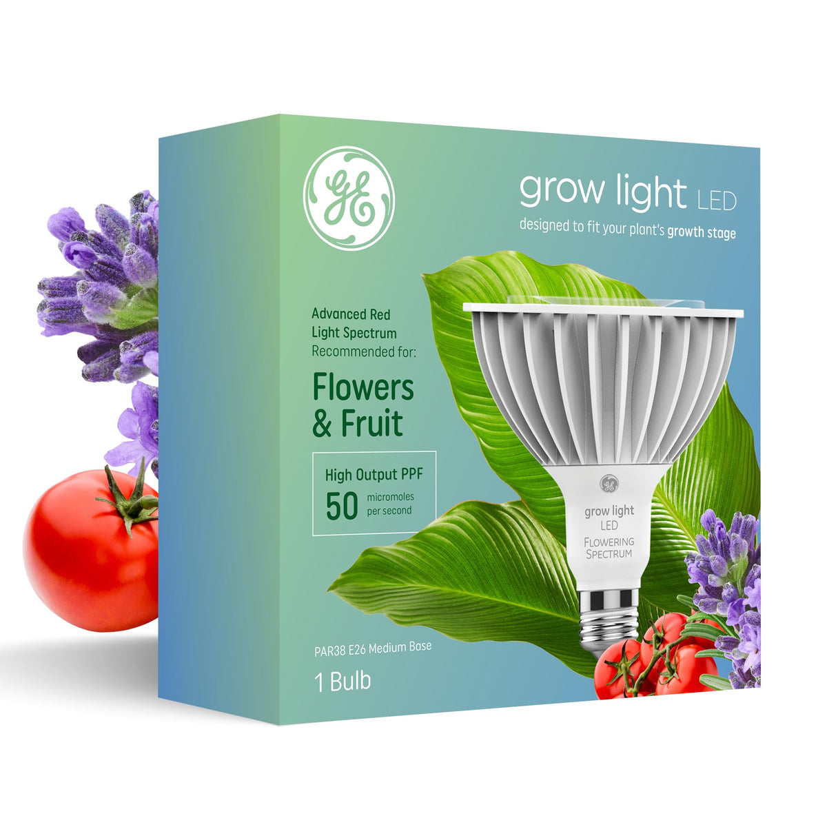GE Grow LED PAR38 bulb indoors lighting an herb garden for healthier growth.