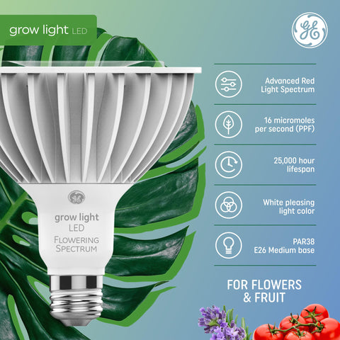 GE Grow LED PAR38 bulb on plants delivering targeted light for vegetables.