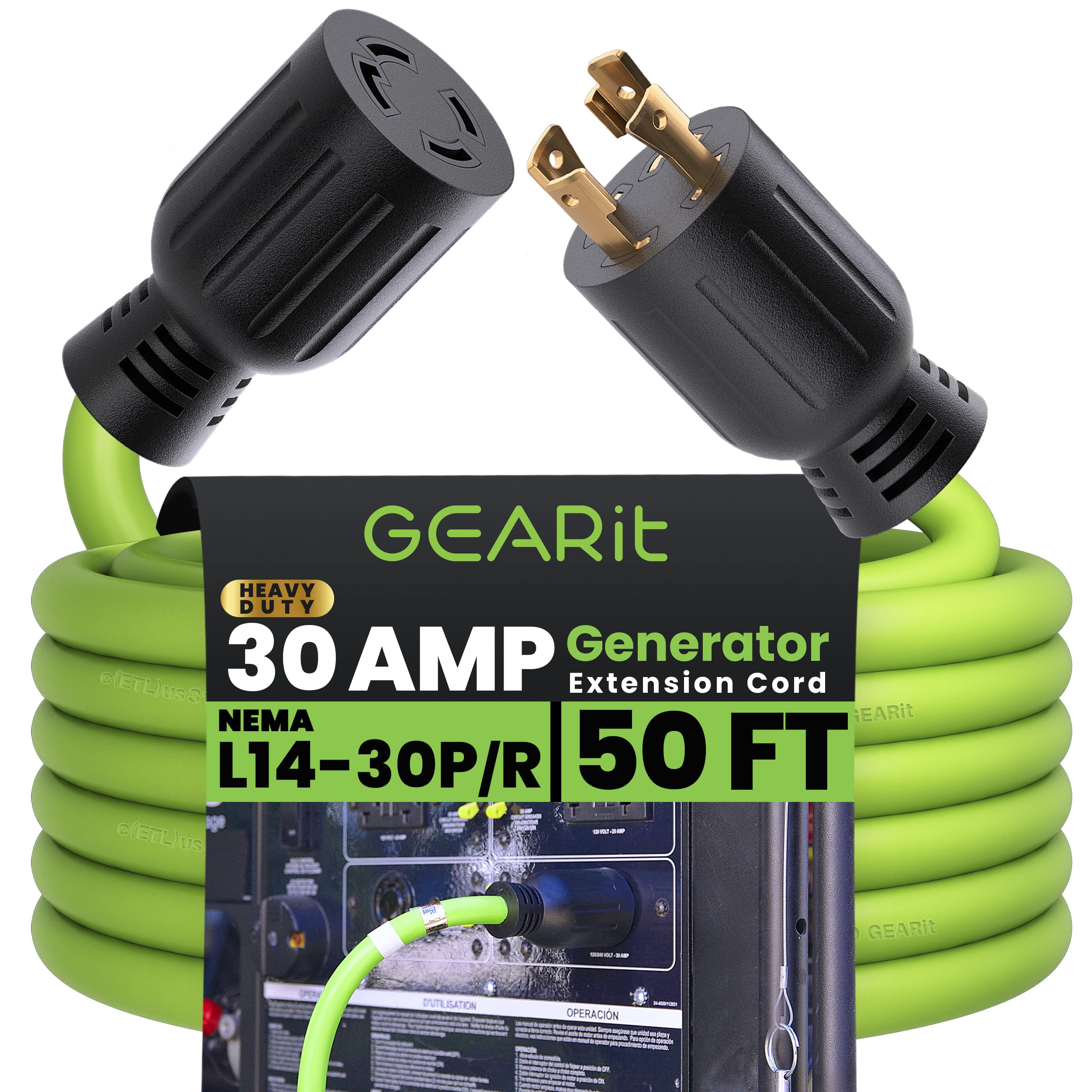 GEARit 30-Amp generator extension cord in green for 50ft use with bright visibility.
