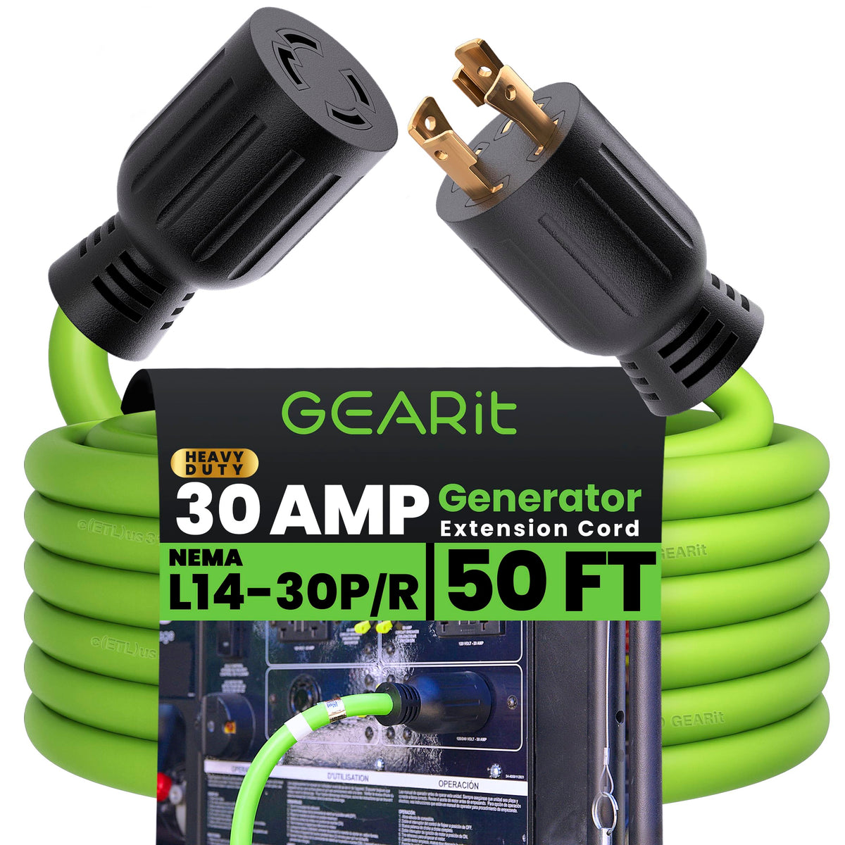 GEARit 30-Amp generator extension cord in green for 50ft use with bright visibility.