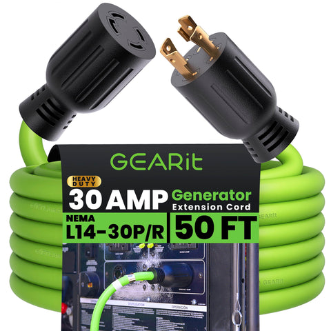 GEARit 30-Amp generator extension cord in green for 50ft use with bright visibility.