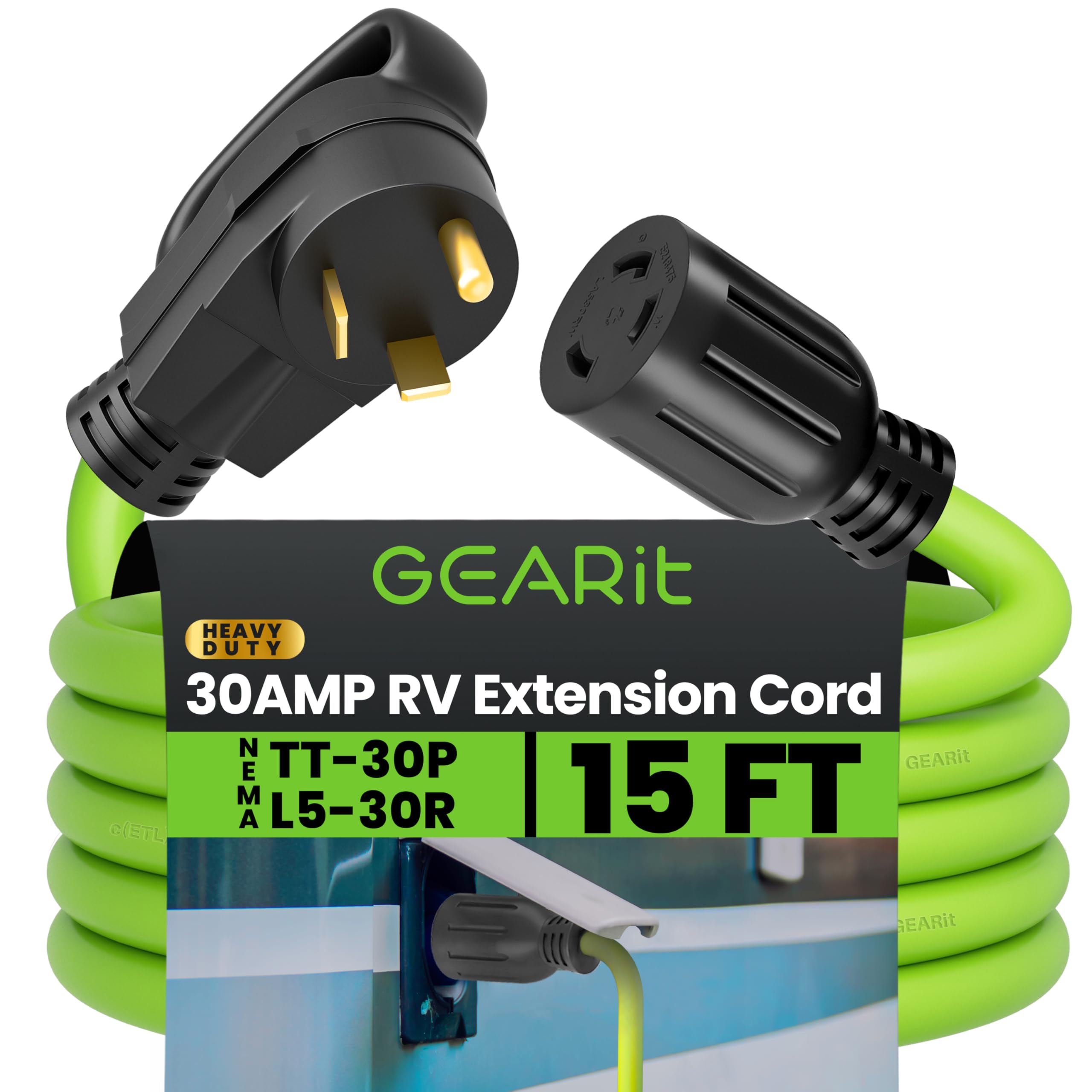 GEARit 30A RV extension cord in use for on-the-go campsite power