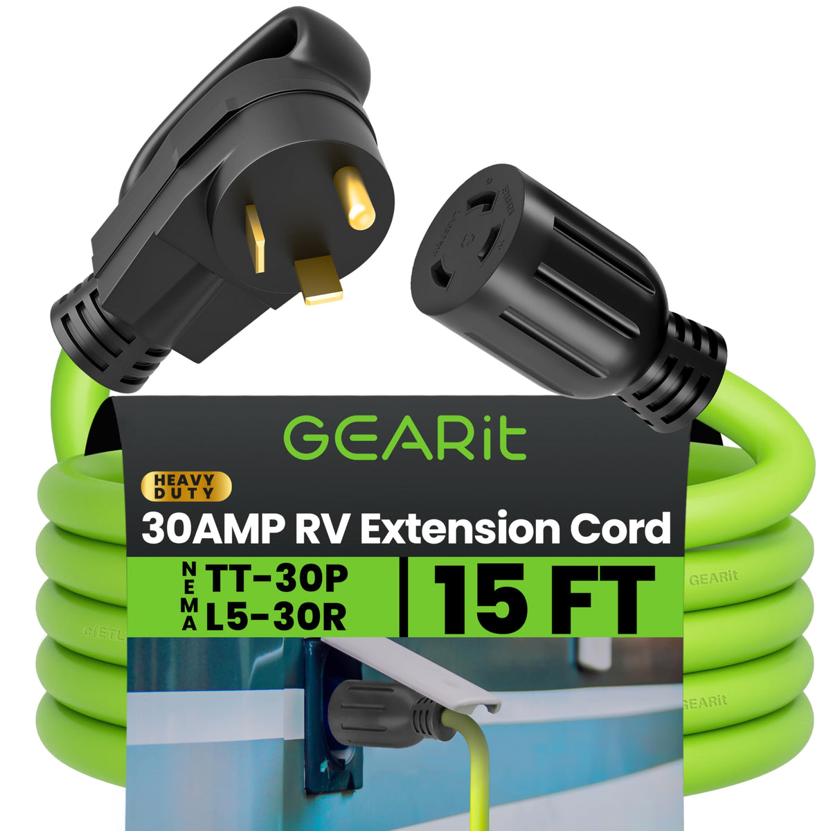 GEARit 30A RV extension cord in use for on-the-go campsite power