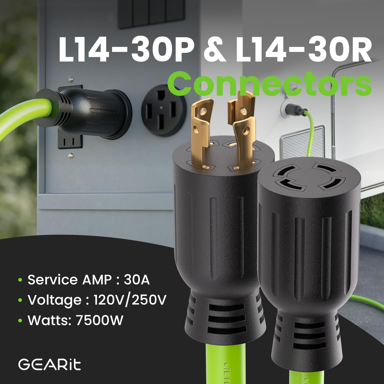 GEARit L14-30P/L14-30R twist-lock plug ensures secure connection.