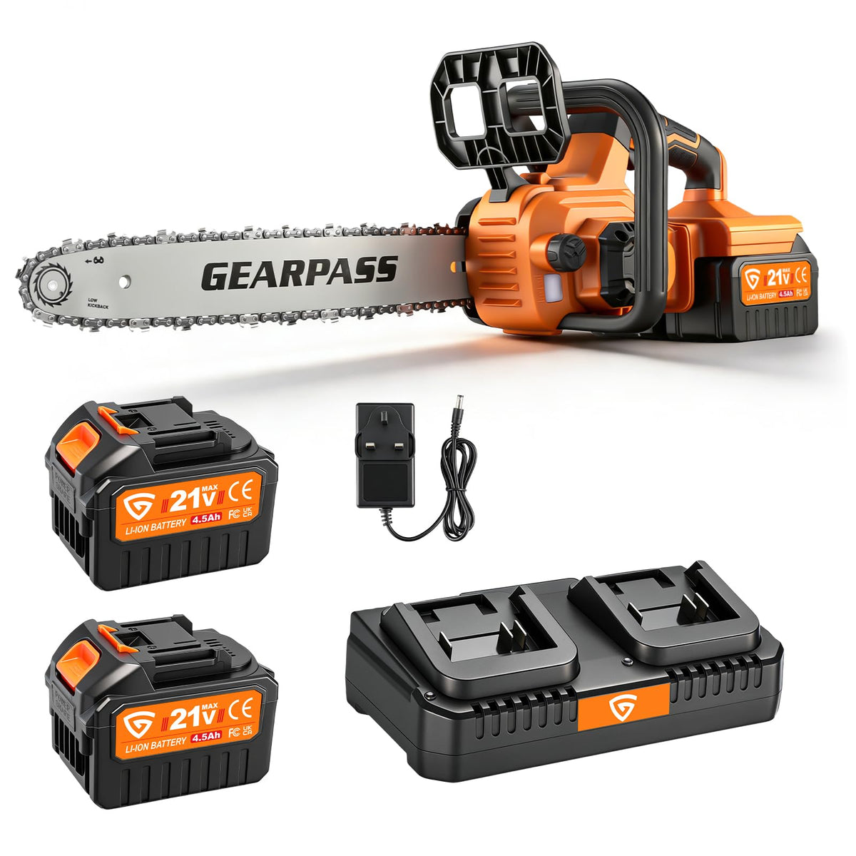 GearPass 42V cordless chainsaw cutting action with fumes-free operation.