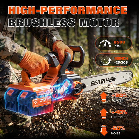 GearPass 8500 RPM brushless motor delivers stronger and quieter cuts.