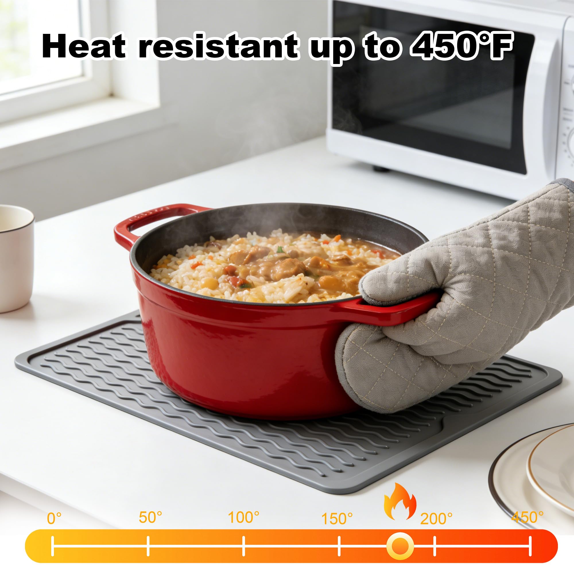 Versatile mat serves as trifecta: mat, trivet, and drip shield.