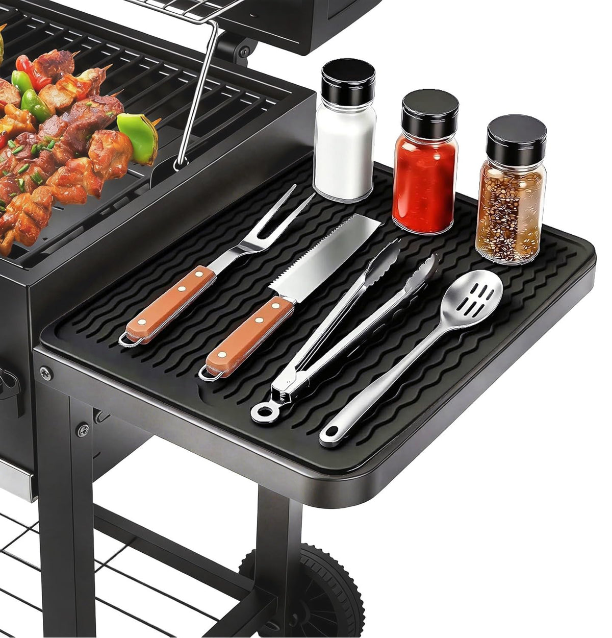 Geban silicone grill tools mat on counter protects surfaces and keeps tools organized.