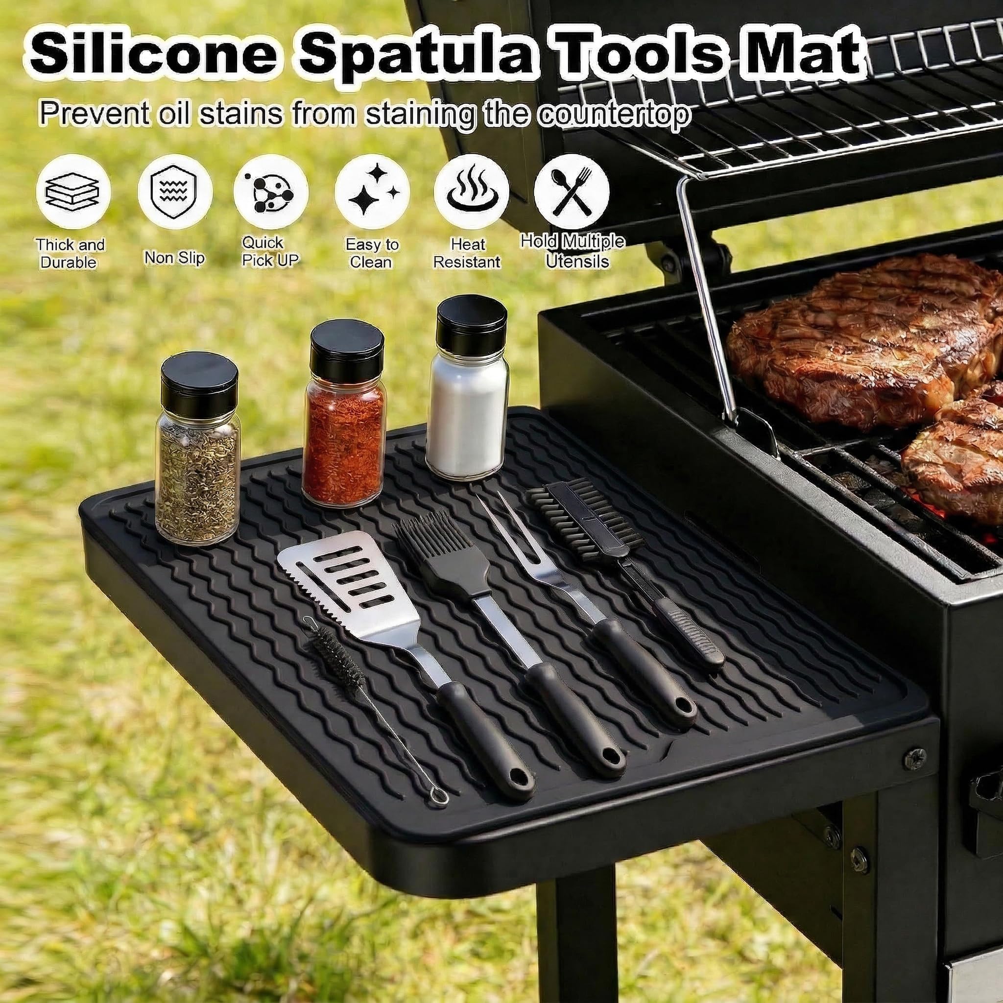 Geban silicone grill tools mat on side shelf keeps utensils organized and within reach.