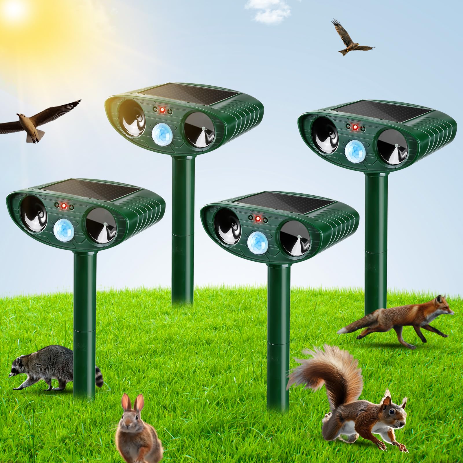 Gebatule four-pack ultrasonic repellers positioned around yard to deter wildlife without traps
