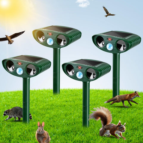 Gebatule four-pack ultrasonic repellers positioned around yard to deter wildlife without traps