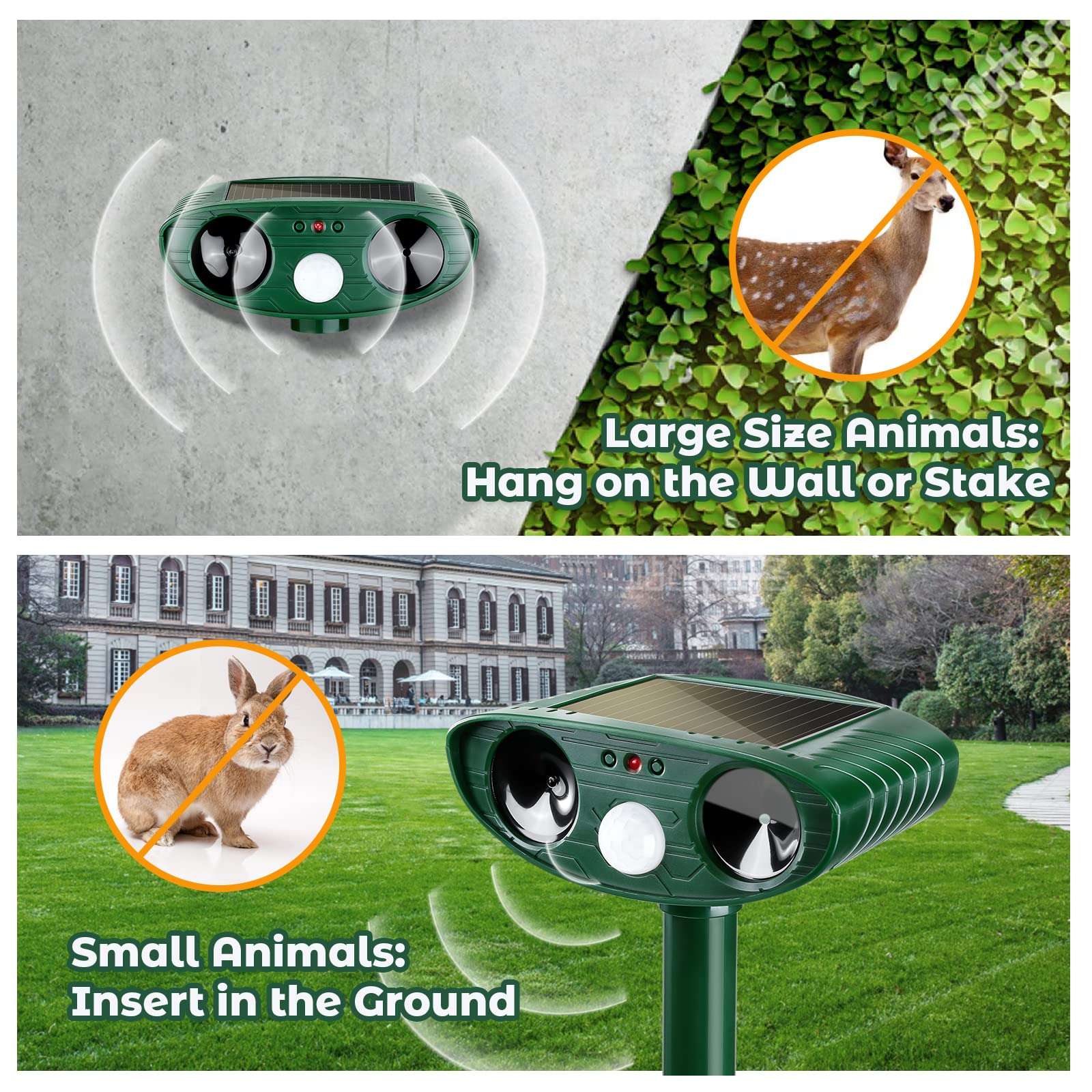 Gebatule repellers protecting yard, garden, and porch spaces