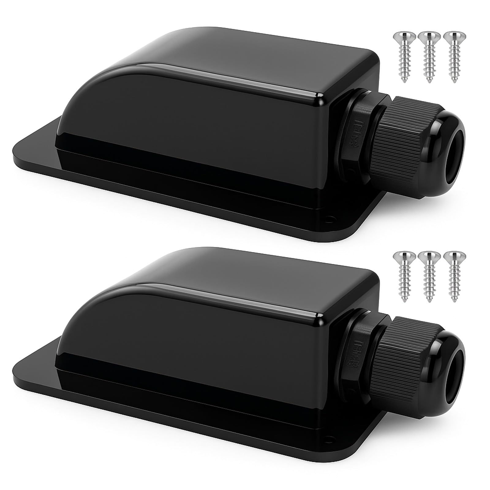 Gebildet black waterproof solar cable entry gland viewed from the side for roof installation.