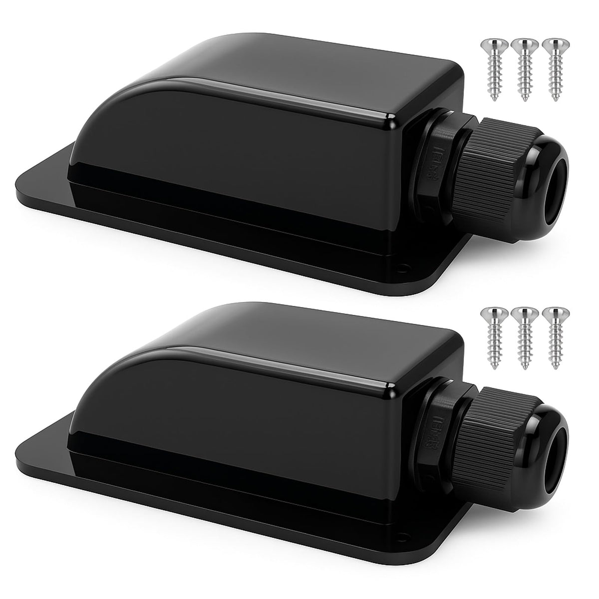 Gebildet black waterproof solar cable entry gland viewed from the side for roof installation.