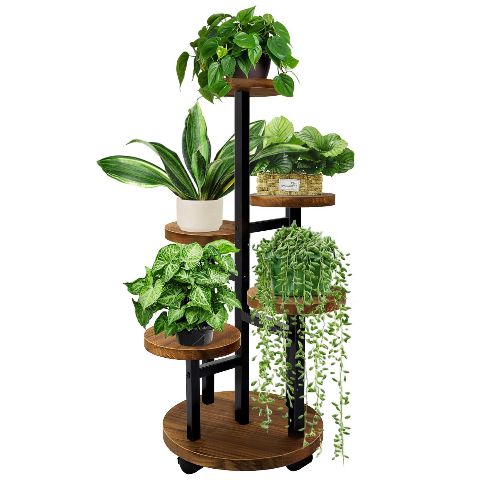 Geebobo 5-tier plant stand with wheels demonstrates corner placement for space-saving display.
